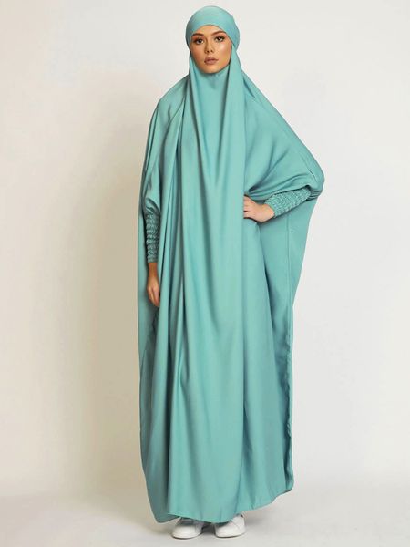 Ropa étnica Mujeres musulmanas Jilbab Vestido de oración Con capucha Abaya Smocking Manga Ropa islámica Dubai Arabia Saudita Túnica negra Modestia turca 230720