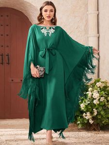 Vêtements Ethniques Femmes Musulmanes Lâche Abaya Robe Longue Moyen-Orient Caftan Vert Diamant Maxi Robes Islam Col Rond Fleur Manches Chauve-Souris Gland