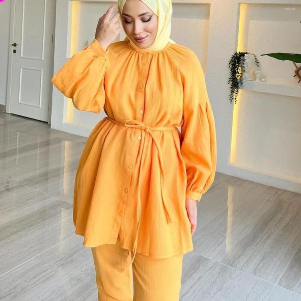 Vêtements ethniques Femmes musulmanes Ensembles assortis à manches longues Tops de couleur unie et pantalons amples Costumes élégant Mode Casual Survêtement Kaftan 2023
