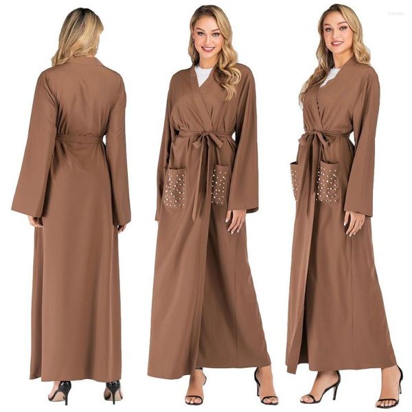 Ropa étnica musulmana mujeres abierto Abaya Cardigan Maxi vestido túnicas Jilbab perlas islámico Dubai vestido fiesta Kimono marrón otoño