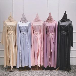 Vêtements ethniques Femmes musulmanes Open Abaya Satin 3/4 Pièces Suite Arabe Turkish Party Evening Turnits Kimono Wrap Robe Set Islamic Caftan