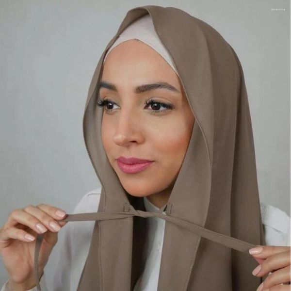 Ropa étnica Mujeres musulmanas Llanura Gasa Hijab Bufanda con cuerda Bufandas de mujeres malasias Hijabs Mantón largo Chales Tie Back