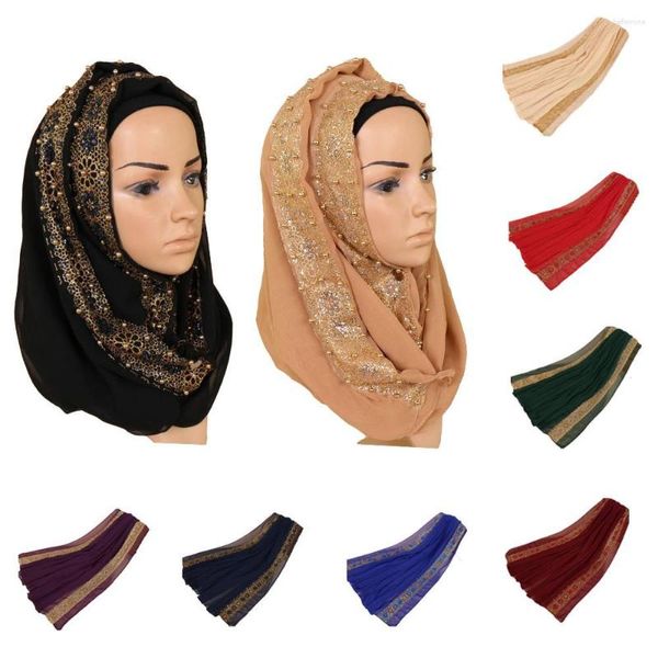 Vêtements ethniques Femmes Musulmanes Plaine Dentelle Hijab Islamique Dames Longue Écharpe Grand Châle Wrap Foulards Perles Arabe Doux Foulard Bandanas 180