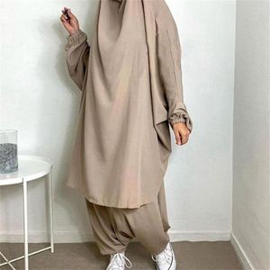 Etnische kleding Moslimvrouwen Gebedskleding Effen Kleur Khimar Tops met broek 2-delige set Effen Abaya Vrouwelijke Eid Ramadan Jilbab Islam