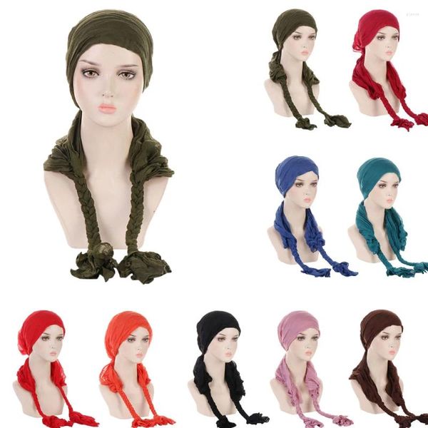 Ropa étnica Mujeres musulmanas Pre-atado Hijab Bonnet Chemo Caps Sombrero de cola larga Trenza Cáncer Gorros Femme Pérdida de cabello Turbante Headwrap