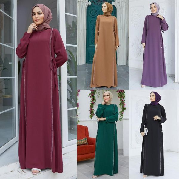 Vêtements ethniques femmes musulmanes à manches longues Robe Style strass décontracté lâche panneaux dubaï élégant Robe moyen-orient arabe