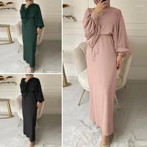 Vêtements ethniques Musulman Femmes Maxi Robe Lanterne Manches Ceinture Casual Robe Islamique Dame Modeste Longue Abaya Ramadam Eid Filles Soirée