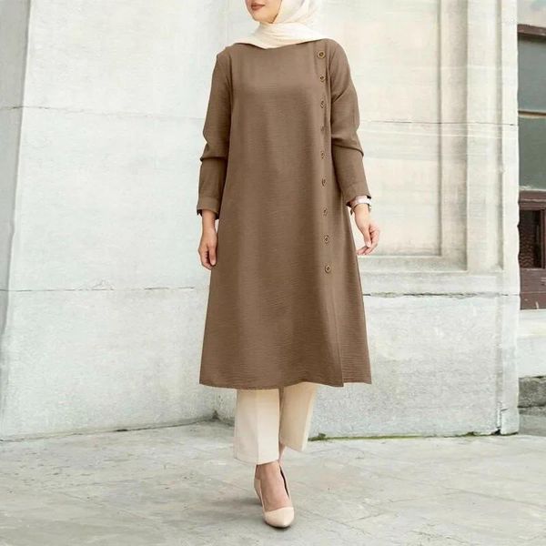 Ropa étnica Vestido superior de las mujeres musulmanas Mubarak Abaya Eid Ramadán Llano Manga larga Malasia Lady Botón Decoración Casual Ropa Islam