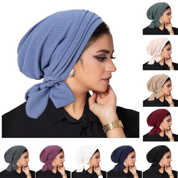 Vêtements ethniques Femmes musulmanes Strech Hijab Bonnet Bonnet de chimio plissé Turbante Chapeau de perte de cheveux pré-attaché Cancer islamique Bandana Headwrap Foulard