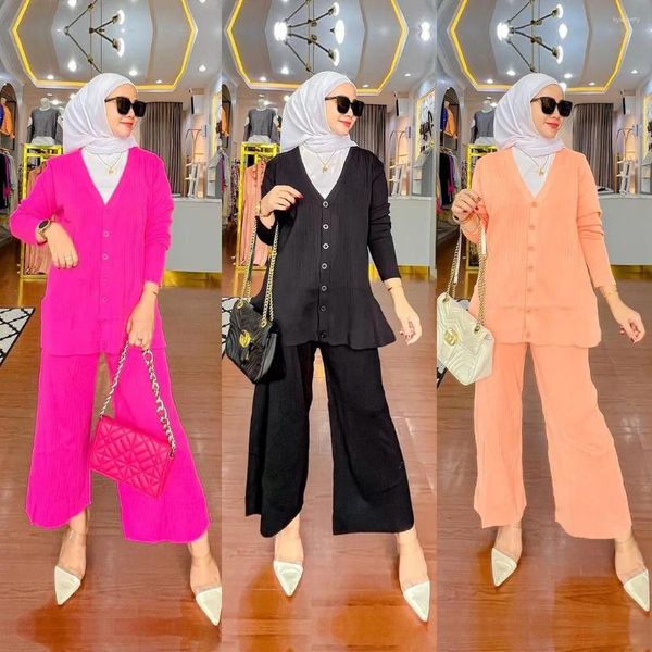 Vêtements ethniques Femmes musulmanes Costumes Automne Printemps Cardigan tricoté Pull Pantalon large 2pcs Ensembles de mode islamique Modeste Abaya Tenues