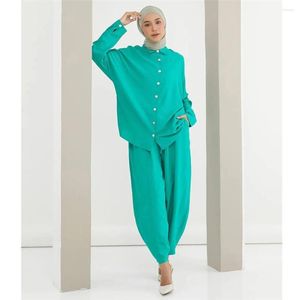 Etnische Kleding Moslim Vrouwen Trainingspakken Kalkoen Abaya Set Effen Elegante Blouses Shirt En Wijde Pijpen Broek Past Eid Abaya Outfits Isamic