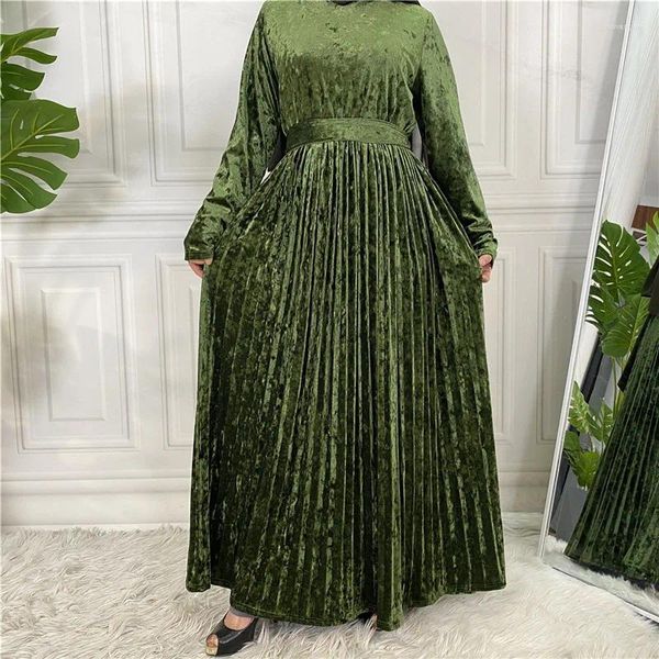 Vêtements ethniques Femmes musulmanes Velvets Maxi Robe plissée Abaya Dubai Turquie Kaftan ceinturé Jalabiya Saudi Arabe Robe Marocain Robe Islam