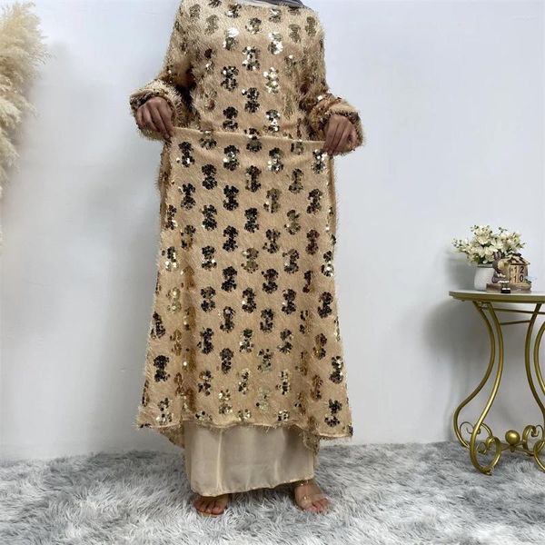 Vêtements ethniques Mousseline Abaya pour femmes Dubaï 2023 Luxe Sequin Frangé Col rond Musulman Femme A-ligne Robe pleine doublure Ramadan Islamique