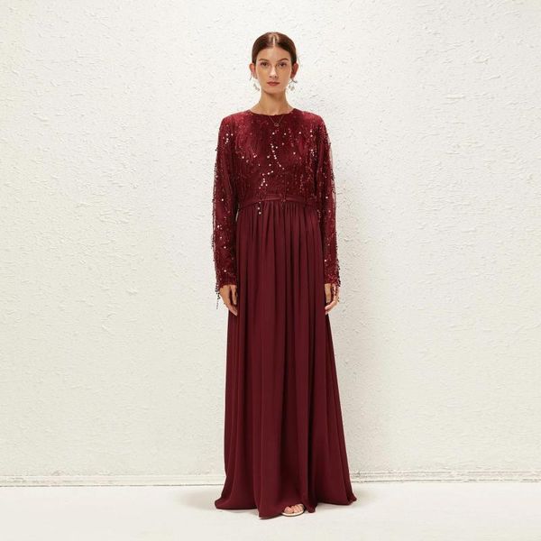 Vêtements ethniques Robe de mousseline Abaya Deep Red Longue Soirée Brodée Paillettes Patchwork Mousseline de mousseline de mousseline de couleur unie Lâche et élégante Dubaï