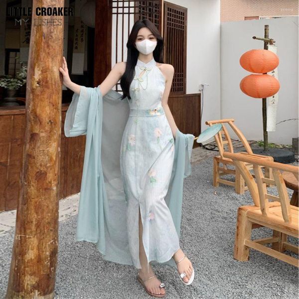 Vêtements ethniques Style national chinois amélioré Qipao Slim Fit Wrap Hip Hanging Neck Robe Super Immortal Two Piece Set Summer