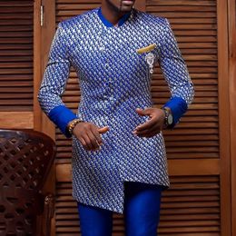 Etnische kleding nationale stijl jeugd staande kraag casual shirt blauw patroon heren met lange mouwen 4xl Afrikaanse kleding zomer print top 230227