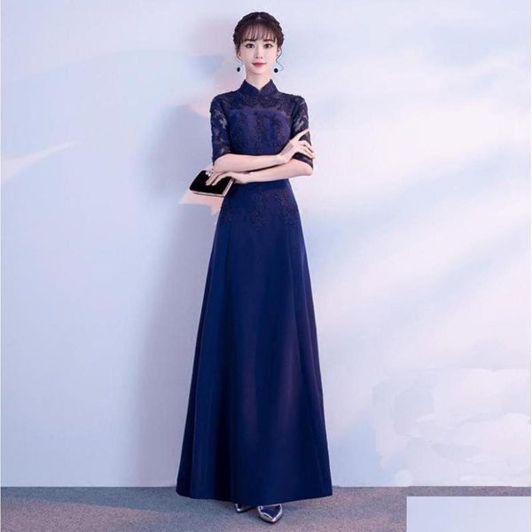 Vêtements ethniques Bleu marine Appliques Femmes Cheongsam Jupe Longue Satin Demi Manches Banquet Robes Chinoises Fit Et Flare Robe Drop Deliv Ot9R8