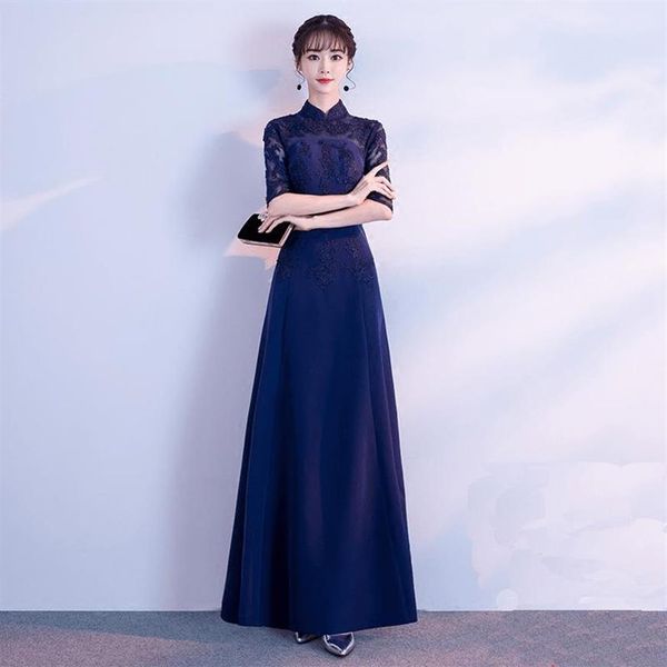 Vêtements ethniques Appliques bleu marine Femmes Jupe Cheongsam Long Satin Half Mancheve Banquet chinois Robes Fit and Flare Robe Vestid2349