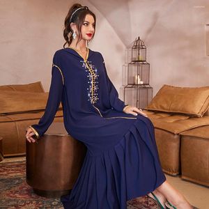 Etnische kleding marineblauwe Arabische mode diamanten geplooide jurk Midden -Oosten abayas voor vrouwen avondjurken moslimgewaad femme musulmane