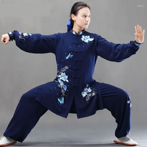 Ropa étnica Azul marino Tai Chi Uniforme Kungfu Artes marciales Traje Chino Bordado Wushu Traje Traje Trajes FF3740