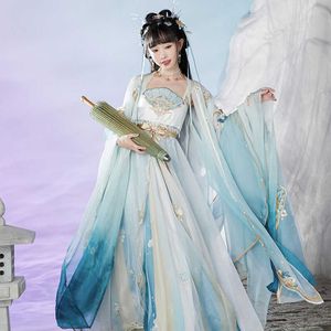 Vêtements ethniques Nouveaux vêtements traditionnels chinois pour les femmes adultes Robe de scène de danse folklorique Tang Dynasty Princess Suit Blue Hanfu Comes DQL6493 G230428