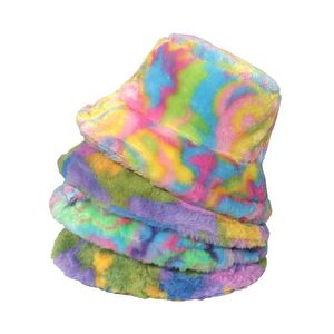 Etnische kleding Nieuwe nepbont Pluizige emmerhoeden Dames Regenboog Tie Dye Panama Winter Verdikte pet Unisex Zachte Bob Motorkap Cap