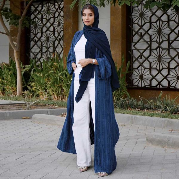 Vêtements ethniques New Kimono Abaya Dubai Stripe Belted Cardigan Robe Femme Corban Ramadan Eid al Adha Loose Morocain Golfe Femmes Mariffon Robes T240510