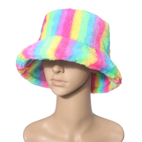 Vêtements ethniques Nouveau extérieur multicolore arc-en-ciel fausse fourrure lettre motif seau chapeaux femmes hiver doux chapeau chaud