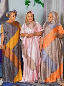 Vêtements ethniques Nouveau style Silk Oversize African Women Vêtements Dubai Dashiki Abaya Fr Size Print Design avec foulard Long Long DressHB-293 T240510