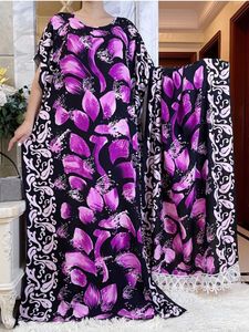 Vêtements ethniques Nouvelles robes de fête d'été Short Slve avec grand écharpe briller l'impression florale coton lâche boubou maxi islam femmes africain abaya t240510