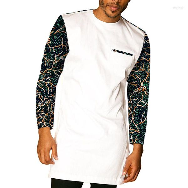 Ropa étnica Nigeria Moda Patchwork Diseño Tops para hombres Camisas con cuello en O Cera / Ropa de fiesta africana blanca personalizada