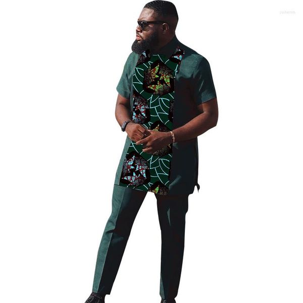 Vêtements ethniques Mode nigériane Ensembles vert foncé Chemises à col rabattu pour hommes Costumes de marié à manches courtes Tenues de mariage sur mesure