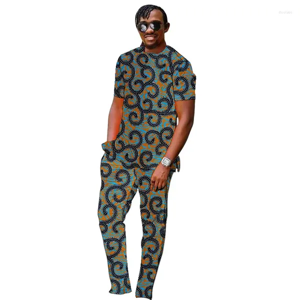 Ropa étnica Estilo nigeriano Tops de manga corta para hombres Pantalones con estampado colorido Ropa africana Trajes de pantalón para hombre Ropa de fiesta de boda personalizada