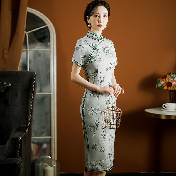 Ropa étnica Noble elegante estampado verde mujeres cheongsam tradicional orienal fiesta de noche damas qipao vestidos delgado sexy talla grande robe g