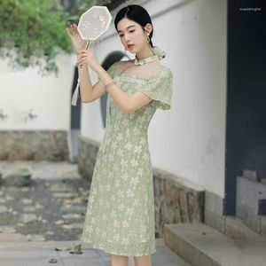 Etnische kleding nobele vrouwen kant bloem qipao chinese stijl jonge meisjes avond feestjurk oosterse korte mouw slanke cheongsam vestidos