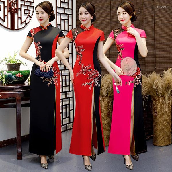 Ropa étnica novedad estilo chino Vintage bordado Bodycon Qipao boda fiesta de noche vestido ajustado mujeres clásico tenedor Cheongsam