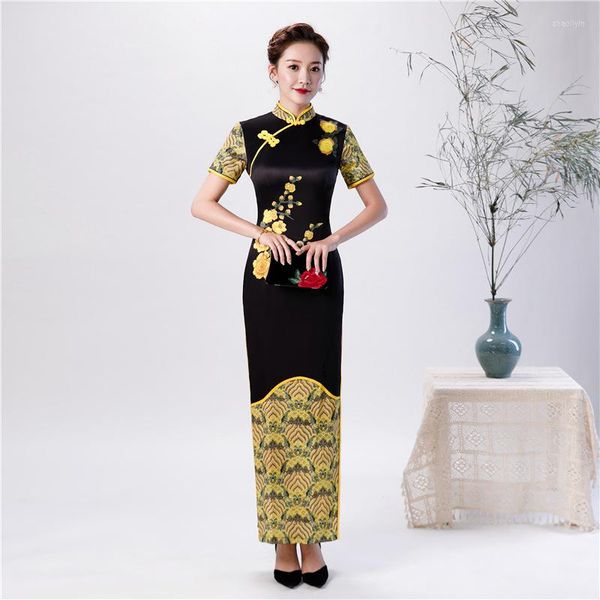 Ropa étnica Ropa de novedad Mujeres Otoño Satén Tenedor largo Cheongsam Novia oriental Boda Espectáculo Escenario Vestido Retro Bodycon Qipao Vestido