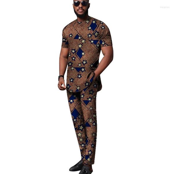 Ropa étnica O-cuello Tops Pantalones de cintura elástica Traje de novio masculino Moda nigeriana Mangas cortas Conjuntos para hombres Ropa de fiesta