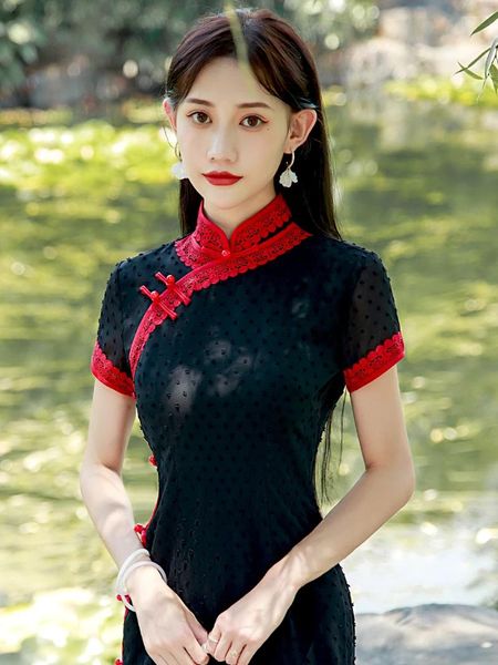 Vêtements ethniques Vieux Shanghai Été Rétro Georgette Cheongsam Tempérament amélioré Élégant Jeune Robe de tous les jours