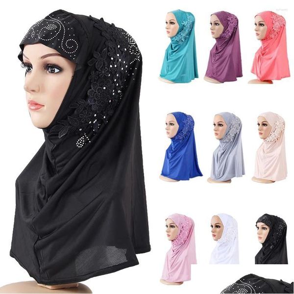 Vêtements ethniques One Piece Amira Fleur Diamants Hijab Femmes Musulmanes Grandes Filles Foulard Wrap Turban Écharpe Instantanée Pl Sur Prêt À D Dhx42