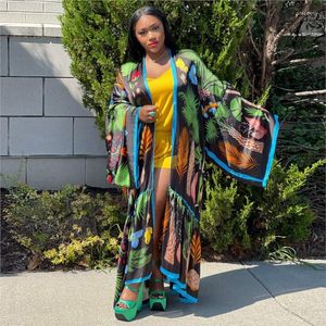 Vêtements ethniques One Piece Imitation Soie Impression Sexy Cardigan Abaya Manteau Lâche Robes Africaines Pour Femmes Kimono Japonais Bain Lisse