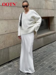 Ropa étnica Ootn elegante blanco cintura alta faldas de trompeta calle chic satinado largo femenino otoño poliéster piso longitud falda de seda 2023 231212