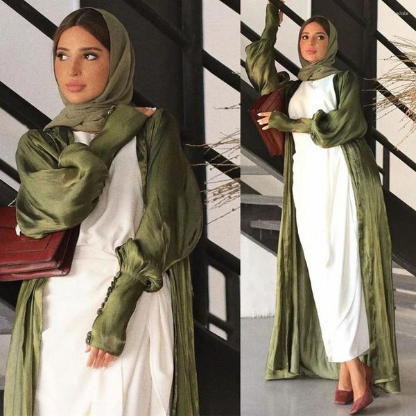 Ropa étnica abierta abaya satin brillante lujo mujer musulmana ropa islámica pavo dubai oriente medio maxi color sólido manga completa