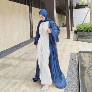 Vêtements ethniques Ouvert Abaya Satin Brillant Femmes Musulman Eid Mubarak Kimono Hijab Cardigan Maxi Robe Dubaï Turc Kaftan Islam Robe Ceinture