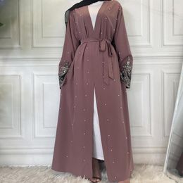 Etnische kleding Open Abaya Vrouwenkleding kant met parels Design Moslim Fashion Kimono Long Kaftan Islamitische Dubai -jurken voor