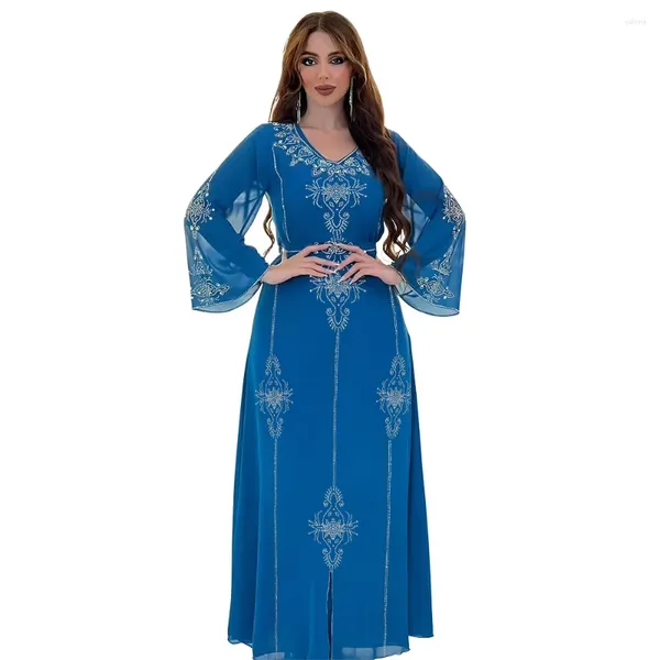 Ropa étnica Naranja Azul Rosa Verde Poliéster Musulmán Abaya Para Mujeres Verano Elegante Manga Larga Con Cuello En V