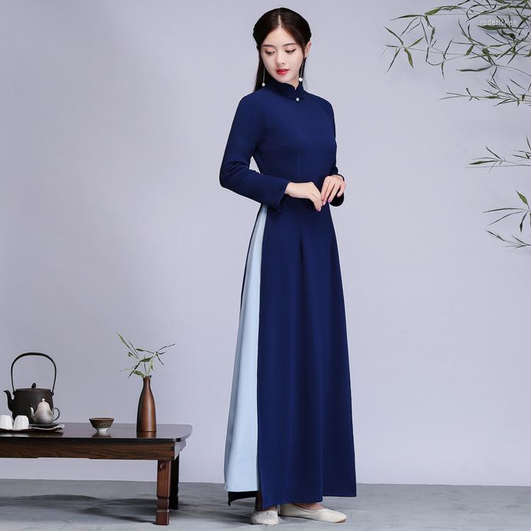 Ethnische Kleidung Orientalische Ao Dai Vieam Traditionelle Kleider Frauen Verbesserter chinesischer Stil Stehkragen Handgeknöpftes schlankes Cheongsam-Kleid