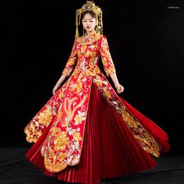 Ropa étnica oriental asiático belleza belleza china tradicional novia de novia mujeres rojo floral manga bordado cheongsam toba qipao