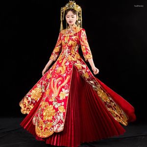 Vêtements ethniques Oriental Asiatique Mariée Beauté Chinois Robe De Mariée Traditionnelle Femmes Rouge Floral À Manches Longues Broderie Cheongsam Robe Qipao