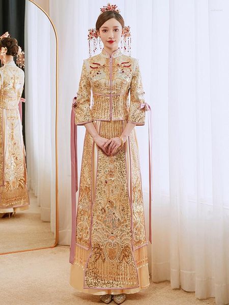 Vêtements ethniques Oriental Champagne Perlé Gland Broderie Chinoise Mariée Robe De Mariée Cheongsam Mariage Ensemble Costume Exquis Toast